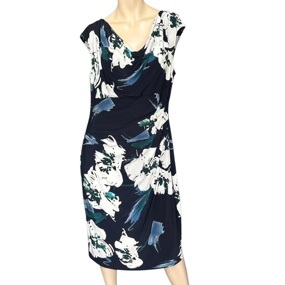 Ralph Lauren Ruched Sheath Dress Jersey Knit Floral Size 16 Spring Wedding